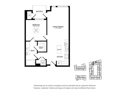 Floor plan for 1 bed, 1 bath, 716 sqft